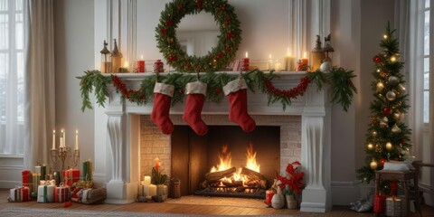 Fototapeta premium A beautifully decorated mantel with stockings, garland, and a holiday-themed vase, holiday decor, centerpiece, wreath
