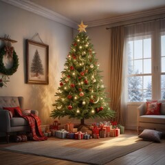 A beautifully decorated room with a Christmas tree and festive decorations, aromatic candles, advent calendar