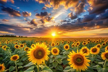Obraz premium A beautiful sunset with a field of sunflowers stretching towards the sky, colors, landscape, blooming, warm, golden
