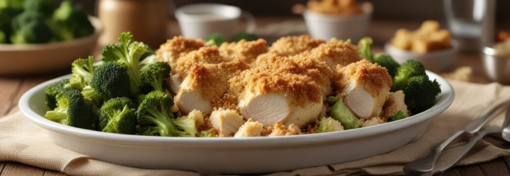 A beautifully presented chicken casserole with a crispy breadcrumb topping and steamed broccoli, mealtime, steamed broccoli, poultry
