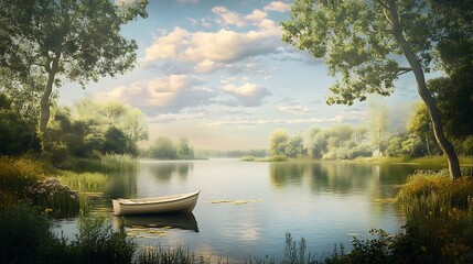 Obraz premium Serene lake boat sunrise landscape; idyllic calm nature scene; peaceful background for relaxation