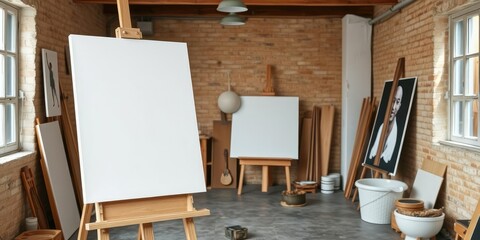 A blank white canvas on a wooden easel in an art studio, art, wooden