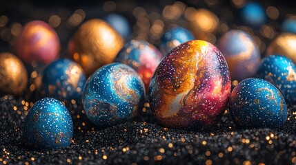A creative display of Easter eggs styled as tiny planets in a galaxy-inspired theme.