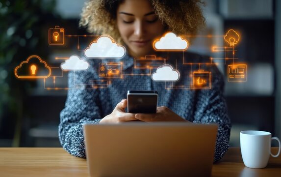 businessman using cloud computing technology with a smartphone in modern workspace for data storage and transmission - Powered by Adobe