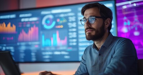 Indian Computer Scientist Presenting Data Analytics to Diverse Team of Professionals in Modern Office with Digital Screen