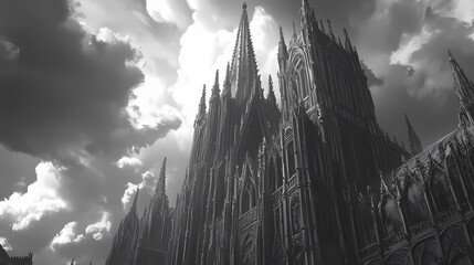 Obraz premium A large gothic cathedral stands tall against a cloudy sky, its intricate details and towering spires casting long shadows. Gothic Cathedral Shadows. Illustration