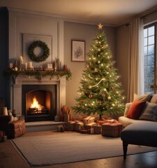 A decorated Christmas tree in a cozy living room with a fireplace, christmas tree centerpiece, fireplace
