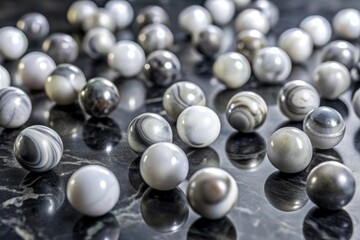 A delicate, swirling pattern of white and grey marbles creates a mesmerizing design on a smooth, dark marble floor, optical illusion, swirling marble pattern, visual interest, modern decor