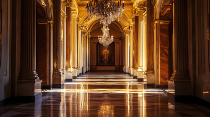 Fototapeta premium An ornate hallway with a large chandelier, marble columns, and a tapestry at the end of the hall. Gothic Cathedral Shadows. Illustration