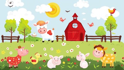 Fototapeta premium A cartoon farm scene with a red barn, a cow, a pig, a chicken, a donkey, a sheep, and birds.