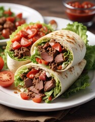 A delicious beef burrito cut in half to reveal the layer of crisp lettuce and juicy tomato inside on a white plate, food, burrito