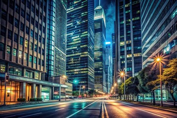 Obraz premium A dimly lit city street at night with tall skyscrapers and neon lights, neon, streets