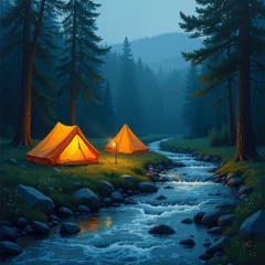 Fotobehang The image is a digital illustration of a camping scene in a forest. It shows two orange tents set up on the bank of a river, surrounded by tall pine trees. © IgorImageDoc