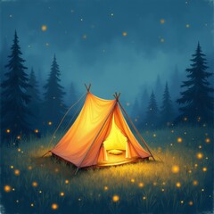 The image is a digital illustration of a tent set up in a field at night. The tent is orange in color and has two poles on either side.