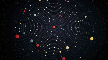 Abstract representation of solar system with circular orbits showing planets in diverse colors and sizes against dark starry background