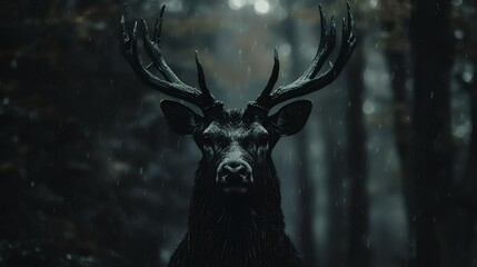 A dark deer stands majestically in a rainy forest. The image evokes a mysterious and serene atmosphere.