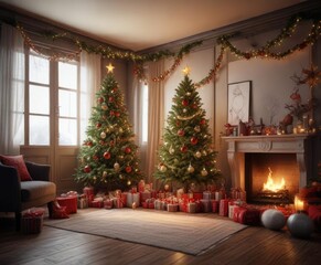 A festive room filled with Christmas decorations and lights, decorated space, holiday decor, christmas lights