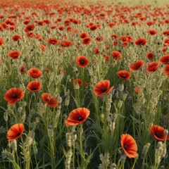Obraz premium A field of oat with a few poppy flowers in the first plan , landscape, oats