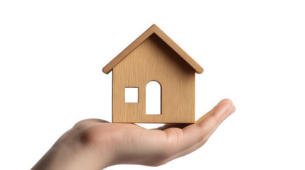 hand holding a small wooden house model. symbolizing home ownership. real estate. or housing concepts the minimalist design emphasizes simplicity and warmth. suggesting themes of comfort and security