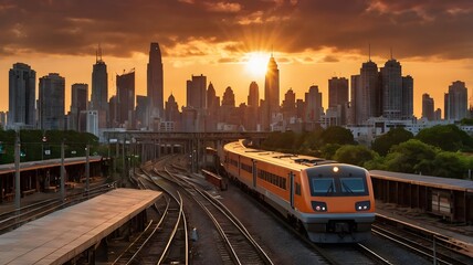 Obraz premium High Speed Train Modern Transportation City Sunrise Future