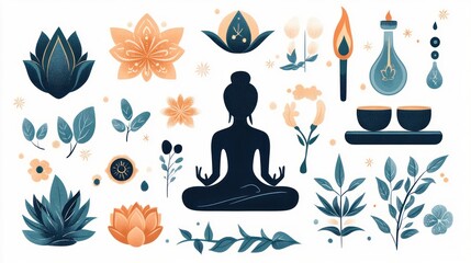 Meditation, yoga, spiritual, wellness, floral, botanical, elements, set, design.