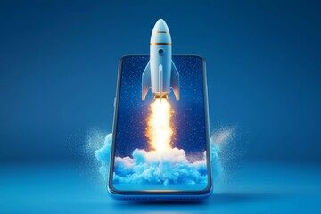 A dynamic rocket launching from a mobile device screen.