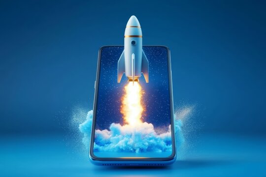A dynamic rocket launching from a mobile device screen.