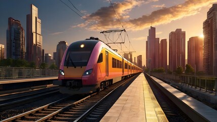 Obraz premium High Speed Train Modern Transportation City Sunrise Future