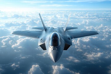 Fighter Jet Front View Soaring in Clear Sky with Chem Trails and Modern Aerodynamic Design