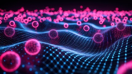 Fototapeta premium Abstract Digital Landscape: Pink and Blue Neon Spheres on a Gridded Surface