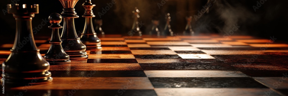 Poster Close up of chess pieces on a wooden board set in a dimly lit environment with a mysterious atmosphere. Generative AI