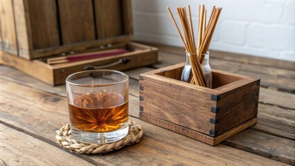 A glass of amber liquid sits next to a wooden box of aromatic sticks on a rustic table, rustic, whiskey, fireside ambiance, table