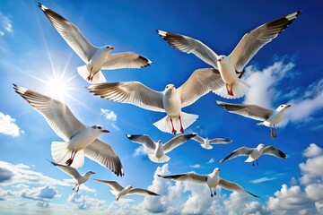 Fototapeta premium A group of seagulls flying overhead against a bright blue sky, flying birds, ocean waves, blue sky, cloudless sky, wildlife scene