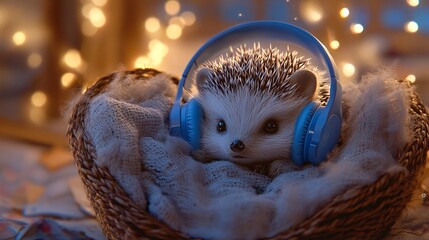Obraz premium Adorable Hedgehog Listening to Music in Cozy Basket with Fairy Lights