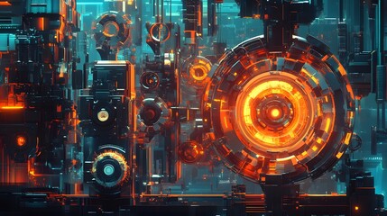 Abstract Futuristic Technological Machine Orange And Teal