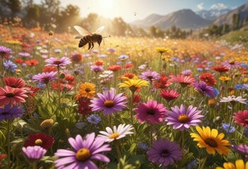 A honey bee hovering over a colorful array of flowers in a sun-drenched meadow, meadow scene, flowers