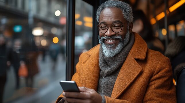 Smiling senior man texting on phone, city bus, blurred city background, for advertising
