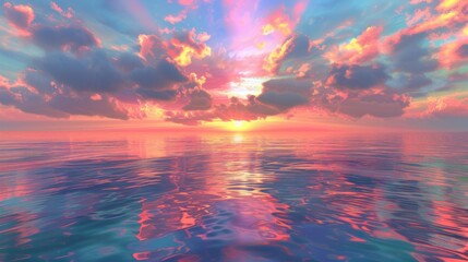 Fototapeta premium An enchanting sunset over a tranquil ocean, with colorful clouds hovering close to the water