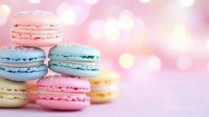 Obraz premium Colorful macarons stacked against a dreamy background