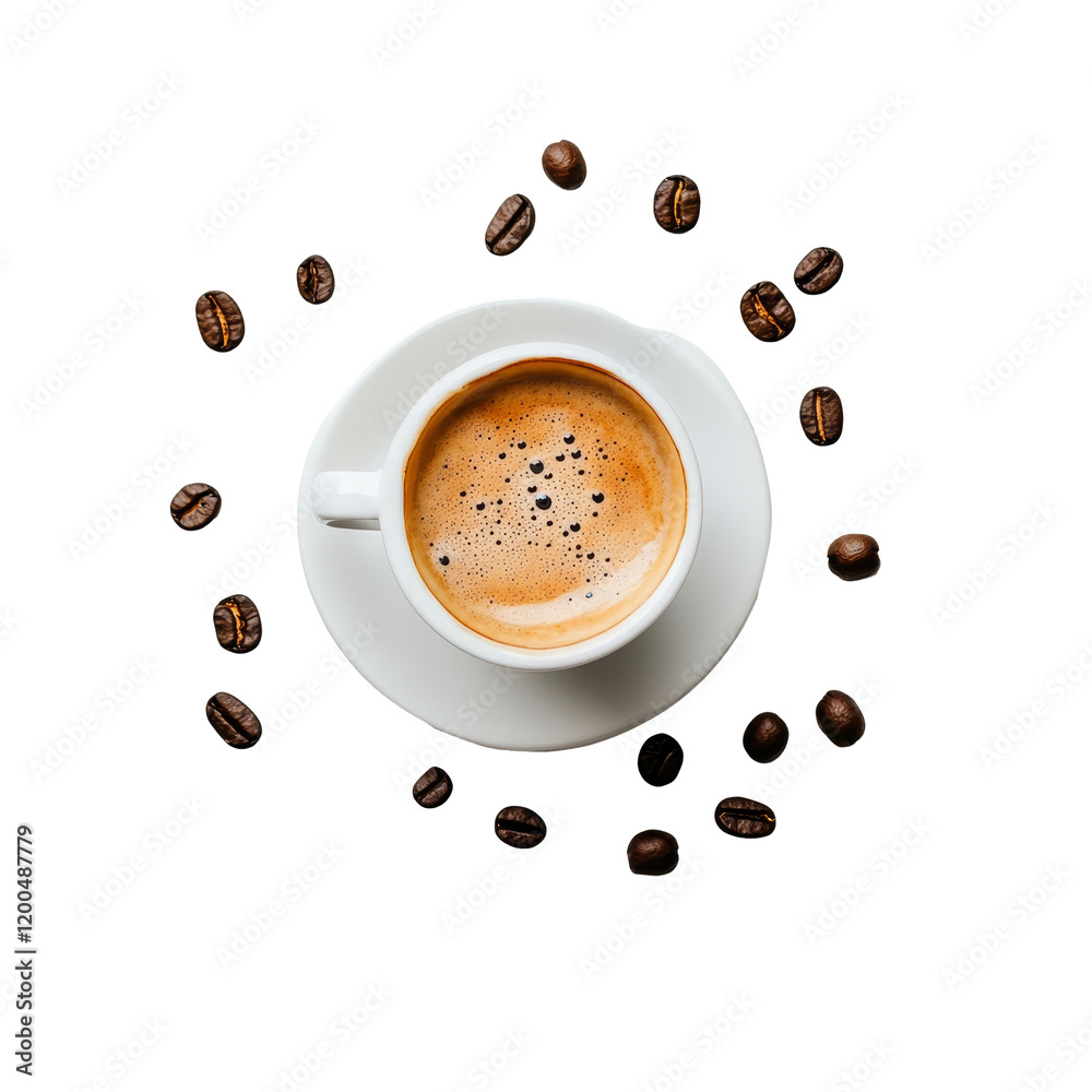 Wall mural A cozy cup of freshly brewed coffee surrounded by whole coffee beans on a clean transparent background, coffee to go cup on transparent background