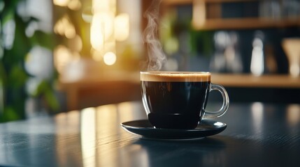 Obraz premium Freshly brewed coffee steaming in a cozy café setting