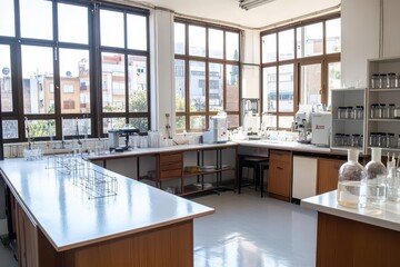 Modern laboratory interior showcasing bright natural light, clean workspaces, and a variety of scientific equipment for experiments and research activities