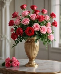 A beautiful arrangement of red and pink roses in a elegant vase on a decorative table, stylish decor, decorative centerpieces