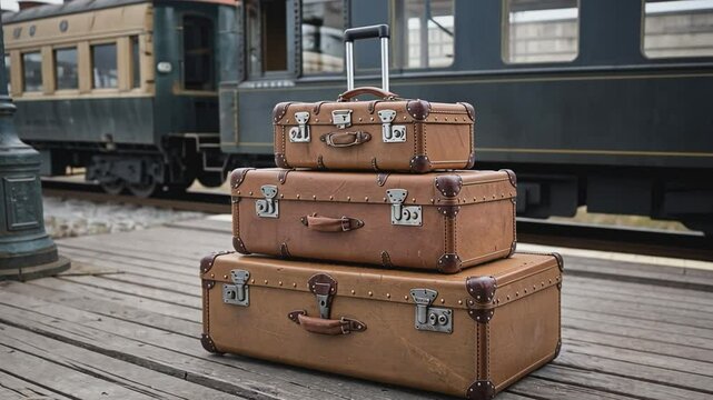 Vintage Suitcases Awaiting Adventure: A trio of vintage suitcases, stacked in a harmonious pyramid, awaits the journey ahead. With leather straps and classic brass hardware.