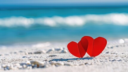 Fototapeta premium Two red paper hearts on a white beach with blue sea create a romantic atmosphere