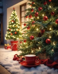 A beautifully decorated Christmas tree against a snowy yard background with a red cappuccino cup on the side and garland lights surrounding it , garland lights, snowy yard