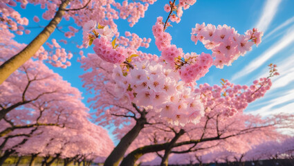 Pink cherry blossoms in full bloom against a vibrant blue sky during spring season