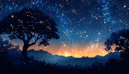 Fototapeta premium Starry night landscape with a tree silhouette, constellations, and fireflies.