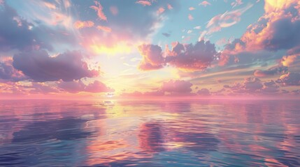 A calm sunset over a tranquil ocean, with fluffy clouds hovering close to the water
