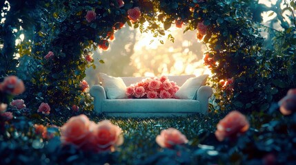 Fototapeta premium Enchanted Garden with Cozy Sofa Surrounded by Delicate Roses and Lush Greenery in Soft Morning Light